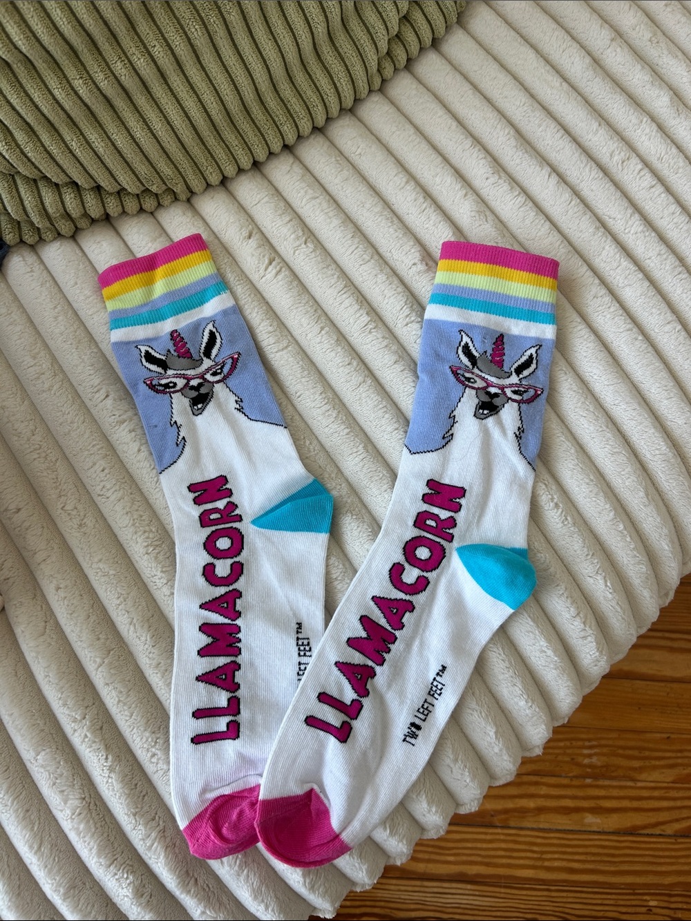 LLAMACORN Novelty Women's Crew Socks - White with Pink & Turquoise Accents